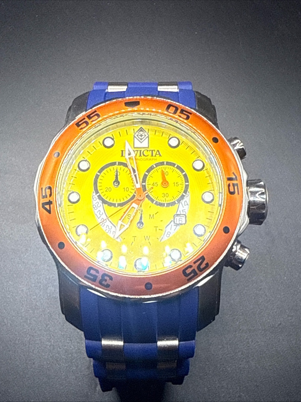 Invicta Yellow Dial Orange Bezel Blue Strap Sport Chronograph 19648 pro diver